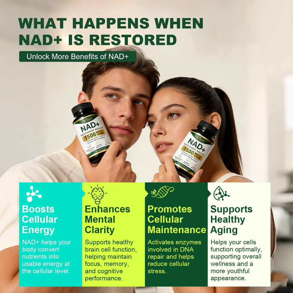 BUIUYLT NAD+ Supplement 1500mg, NR NMN Replacement with Resveratrol, Urolithin A, CoQ10 & Quercetin for Cellular Energy, Healthy Aging & Stamina for Women & Men - 120 Capsules BUIUYLT Au supplements