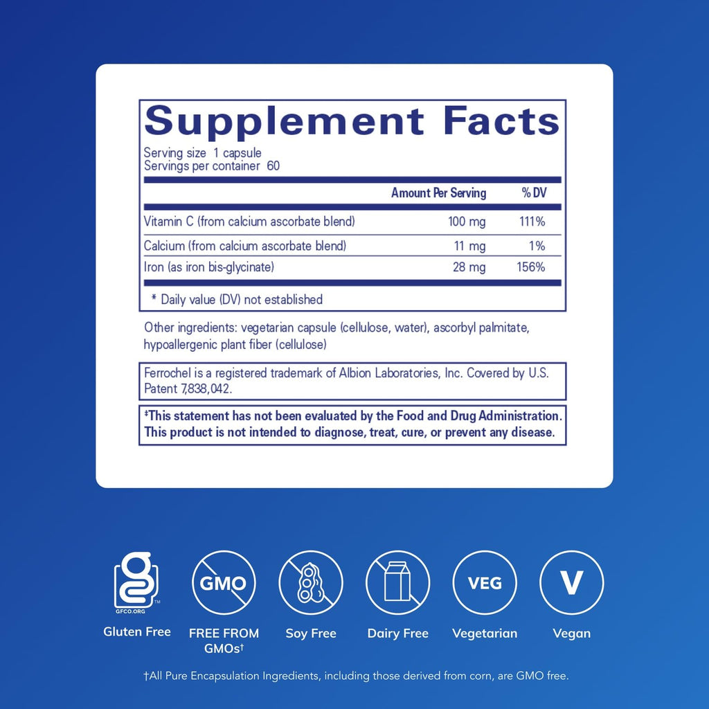 Pure Encapsulations OptiFerin-C - for Red Blood Cells & Energy - Iron Absorption Support - Energy Supplement* - Vitamin C Enriched - Gluten Free & Non-GMO - 60 Capsules Pure Encapsulations Au supplements
