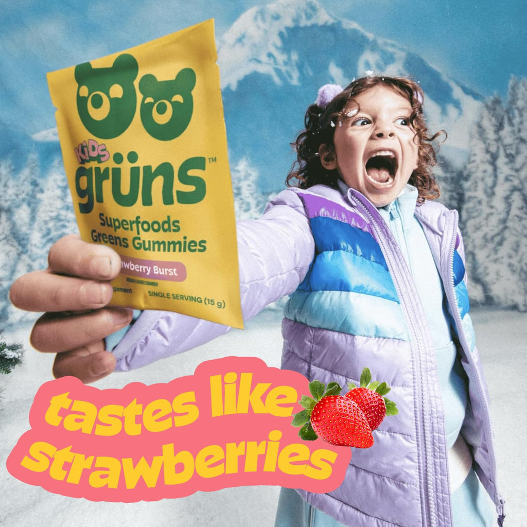 Gruns Multivitamin for Kids, Super Greens Gummies, Superfood Gummy Bears with 20+ Vitamins & Minerals, Spirulina, Chlorella, Alfalfa, Prebiotics Fiber for Digestive Health