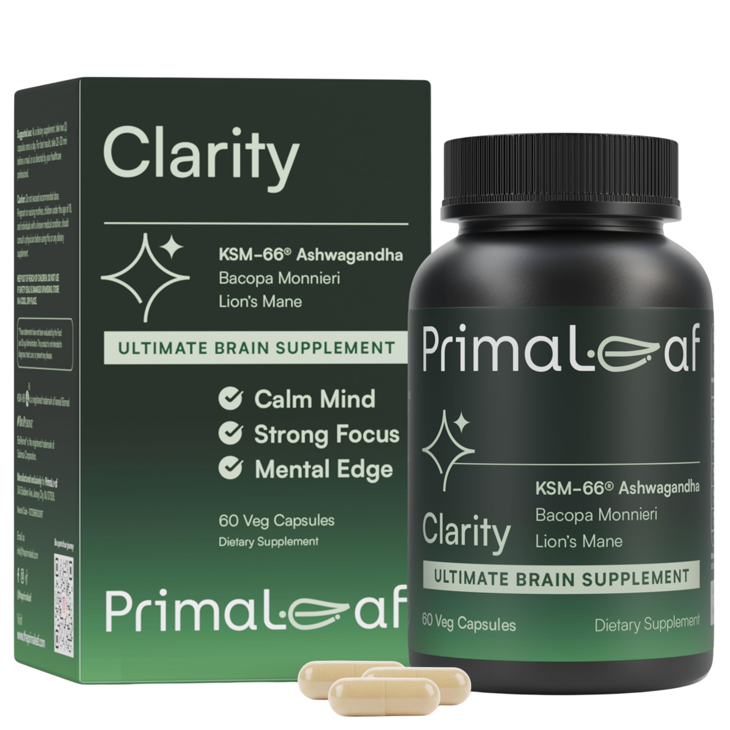 PrimaLeaf Clarity Nootropics Brain Supplement for Focus, Memory, & Stress Relief | Natural Nootropic with KSM66 Ashwagandha, Lions Mane, Bacopa, L Theanine | Cognitive & Mood Support | 60 Veg Capsules PrimaLeaf Au supplements