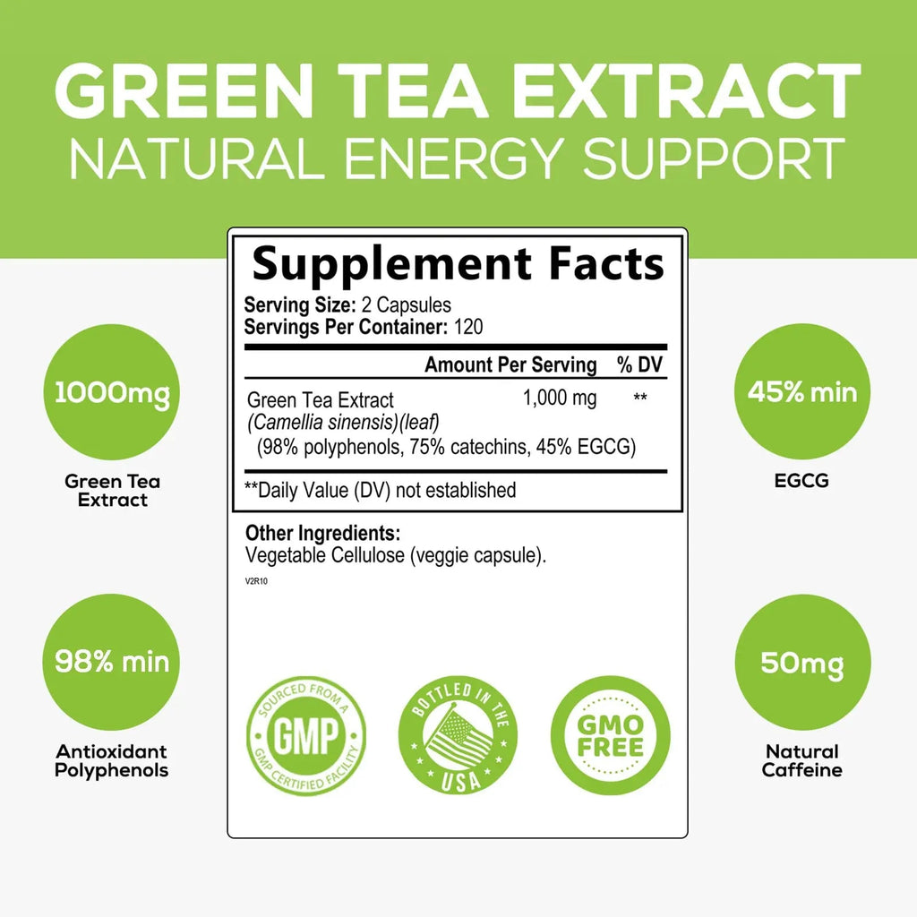 Green Tea Extract Capsules 1000mg 98% Standardized EGCG - 3X Strength for Natural Nature's Nutrition Au supplements