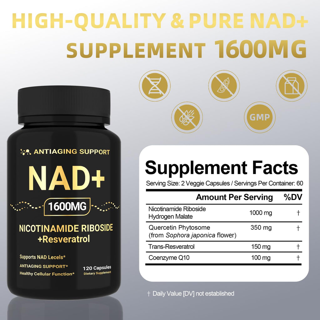 NAD Supplement 1600mg, NAD+ with Resveratrol & Nicotinamide Riboside, Anti-Aging Support, Cellular Energy & Mental Clarity Support, Vegan Non-GMO, 120 Capsules ANTIAGING SUPPORT Au supplements