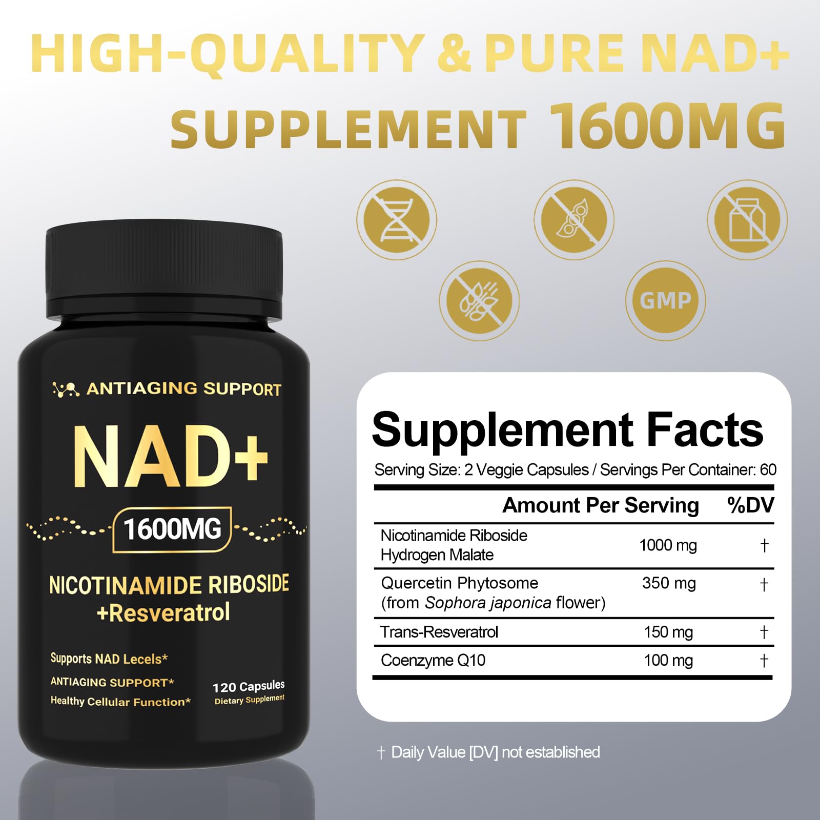 NAD Supplement 1600mg, NAD+ with Resveratrol & Nicotinamide Riboside, Anti-Aging Support, Cellular Energy & Mental Clarity Support, Vegan Non-GMO, 120 Capsules ANTIAGING SUPPORT Au supplements