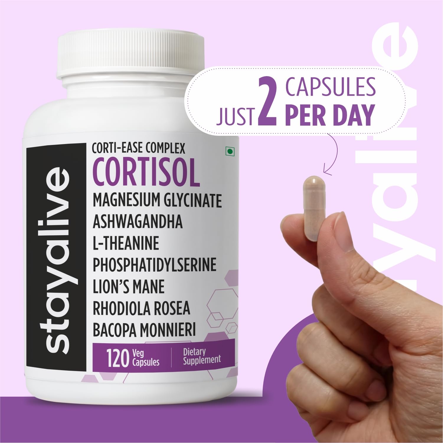 STAY ALIVE Cortisol Manager Supplement 15-in-1 Complex w/L-Theanine, Ashwagandha, Magnesium Glycinate, Phosphatidylserine and More, 120 Veg Capsules, Non-GMO & Gluten-Free Formula for Women and Men STAY ALIVE Au supplements