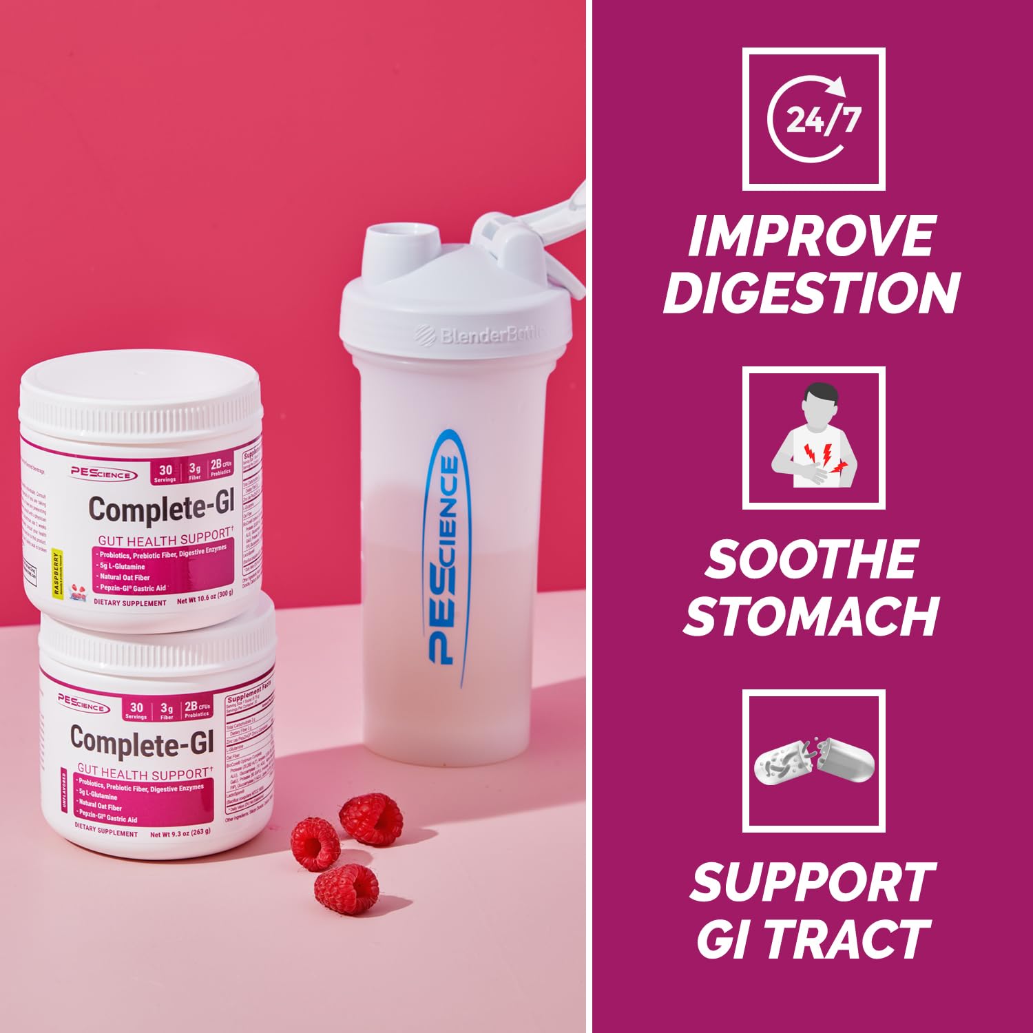 PEScience Complete-GI Gut Health Powder, Probiotics for Women and Men, Digestive Enzymes, Prebiotic Fiber, L-Glutamine