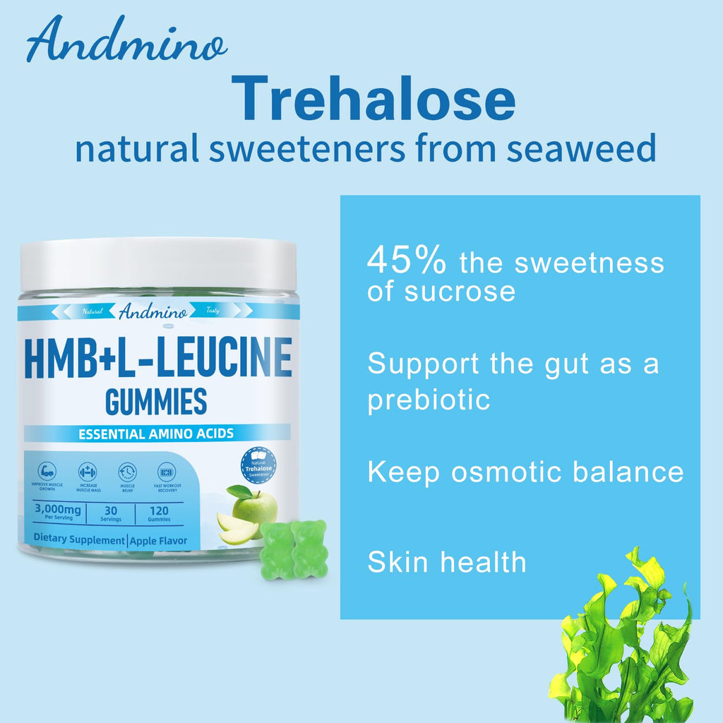 andmino HMB and L-Leucine Gummies, 3000mg, with Trehalose, for Muscle Growth, Muscle Relief and Workout Recovery, for Adults & Elder, Non-GMO