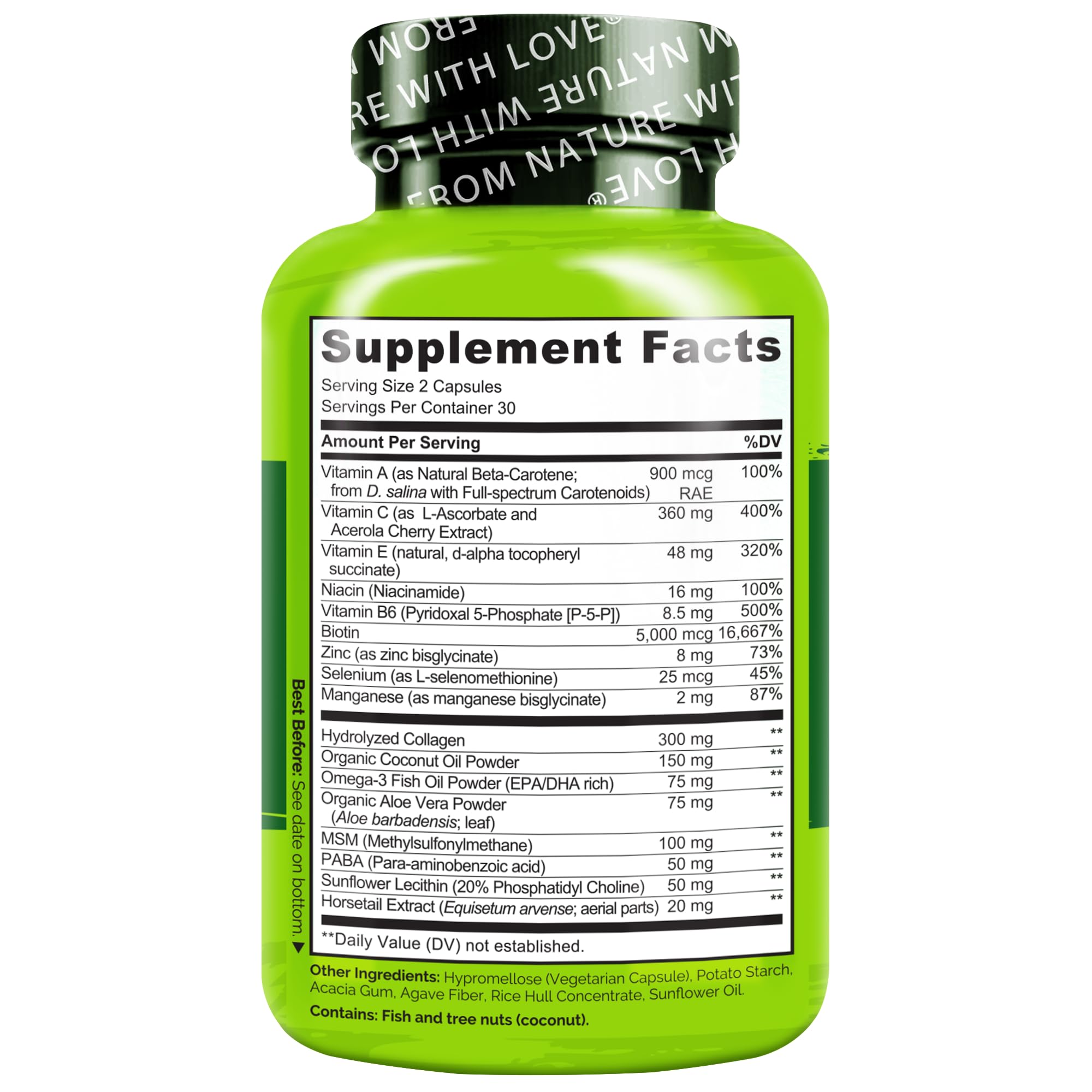 NATURELO Hair, Skin and Nails Vitamins - 5000 mcg Biotin, Collagen, Natural Vitamin E - Supplement for Healthy Skin
