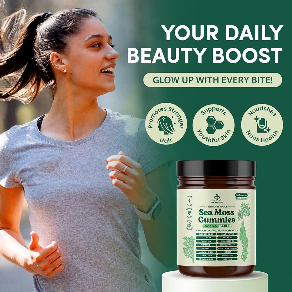 Natural Rems Sea Moss Gummies 16-in-1 - Ashwagandha Black Seed Oil Bladder Wrack Turmeric Vitamin C & D3 with Manuka Burdock Root Dandelion Yellow