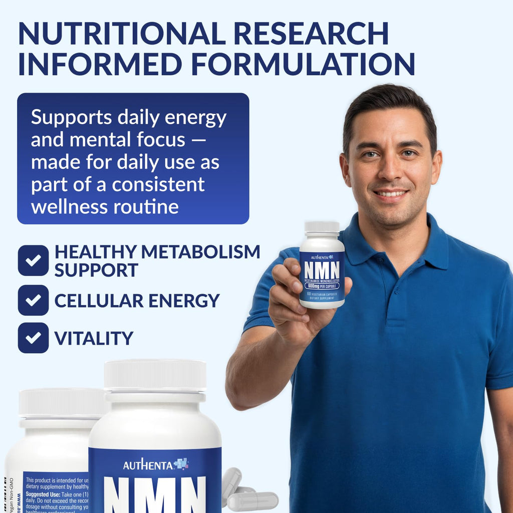 NMN Supplement 600 mg/Capsule Once Daily | 99% Pure Beta Nicotinamide Mononucleotide | Potent NAD⁺ Precursor | Supports Cellular Energy & Metabolism | Vegan, Non-GMO, Third-Party Tested & Gluten-Free AUTHENTA Au supplements