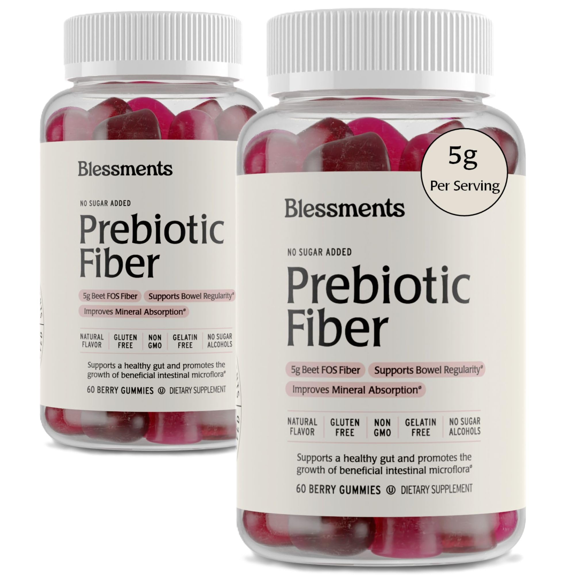 Blessments - Prebiotic Fiber Gummies for Adults & Kids with No Added Sugar- 5g (60 Count-2 Pack) High Fiber Supplement Gummies - Vegan - Keto Friendly