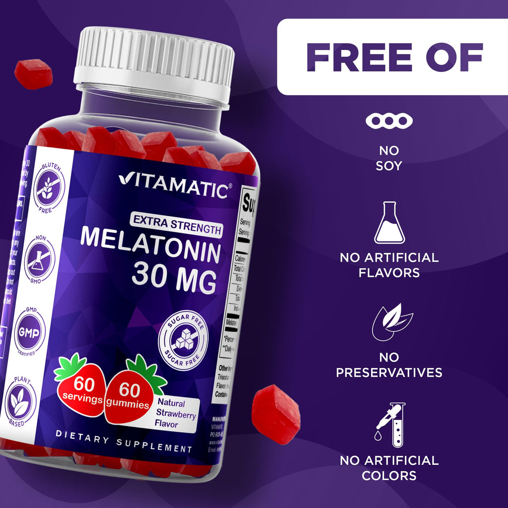 Vitamatic Sugar Free Melatonin 30mg per Gummy - 60 Servings - 60 Vegetarian Gummies - Non-Habit Forming Supplement (60 Count (Pack of 1))