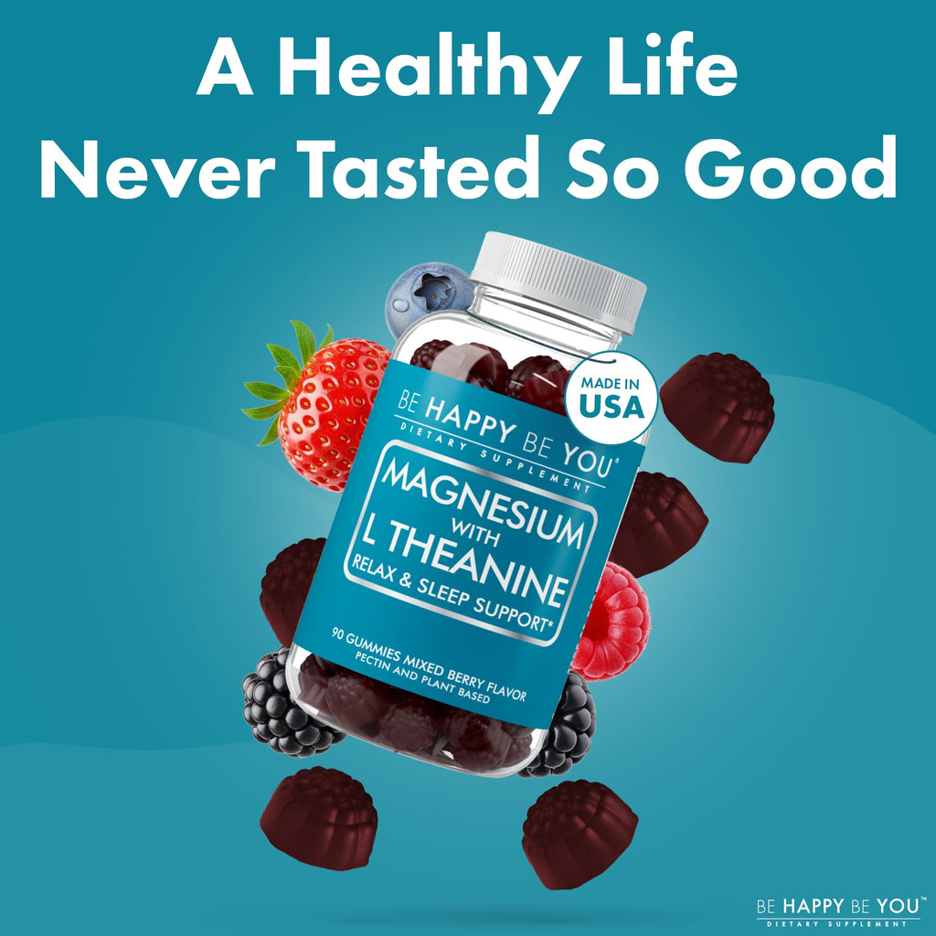 Be Happy Be You Magnesium Glycinate Gummies with L-Theanine – Relaxation & Sleep Support – Vegan, Gelatin-Free, Mixed Berry Flavor