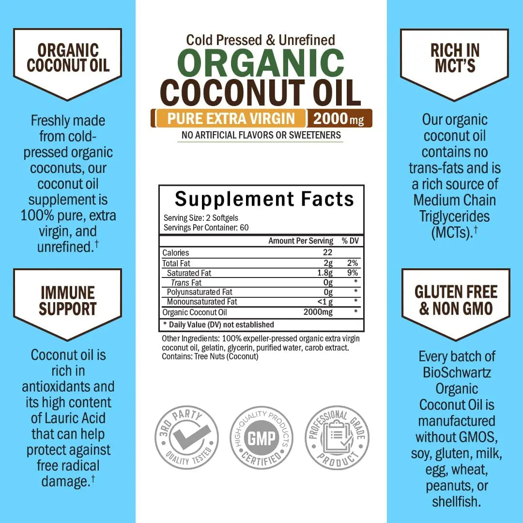 Coconut Oil Capsules 2000mg - Organic Pure Extra Virgin Unrefined Cold Pressed MCT BioSchwartz Au supplements