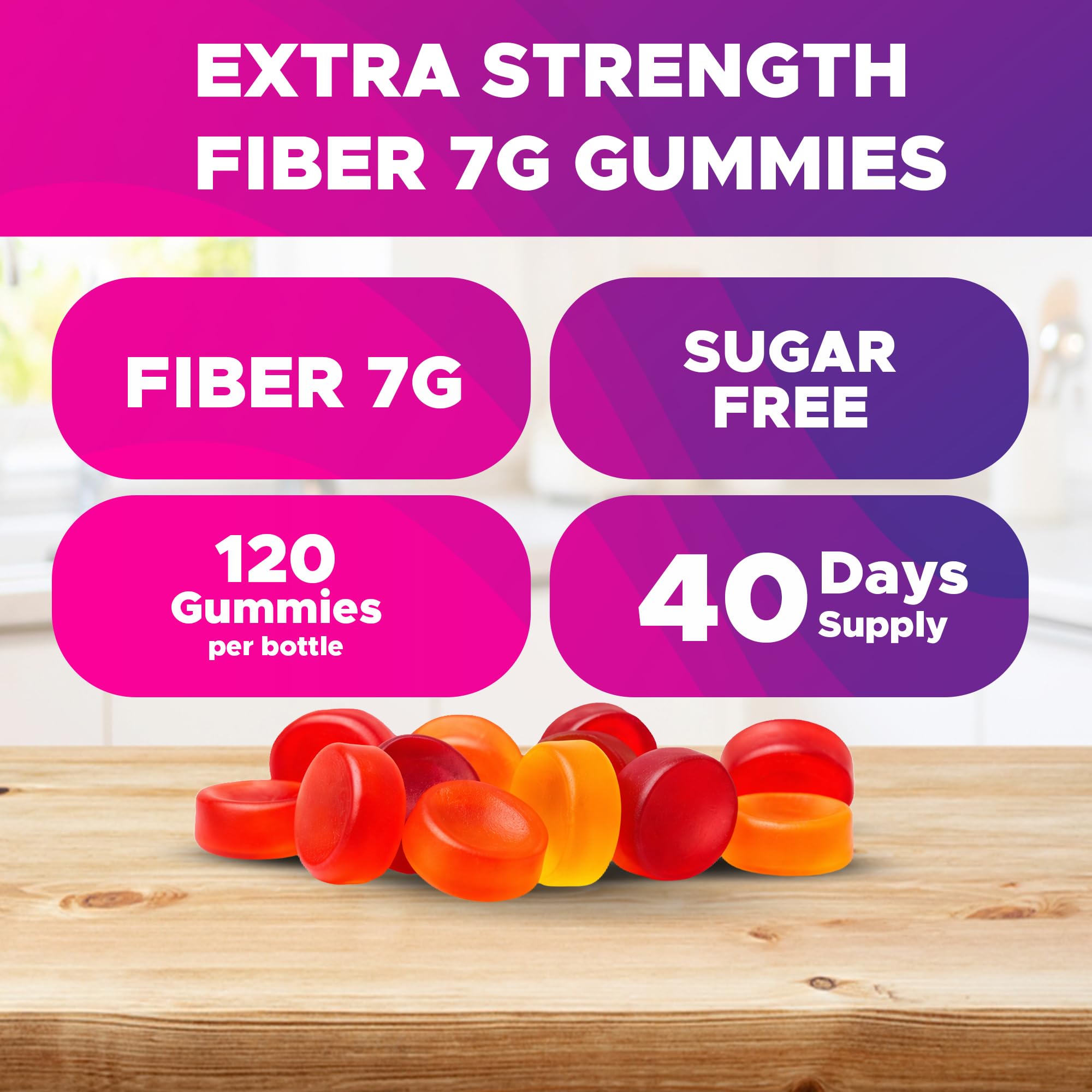 Vitabod Fiber Gummies 7G Per Serving for Digestive Health & Regularity, Prebiotic GOFOS™ Plant-Based Fiber, No Sugar Added, Vegan, Berry Peach Strawberry, 120 Gummies (Adults, Women & Men)