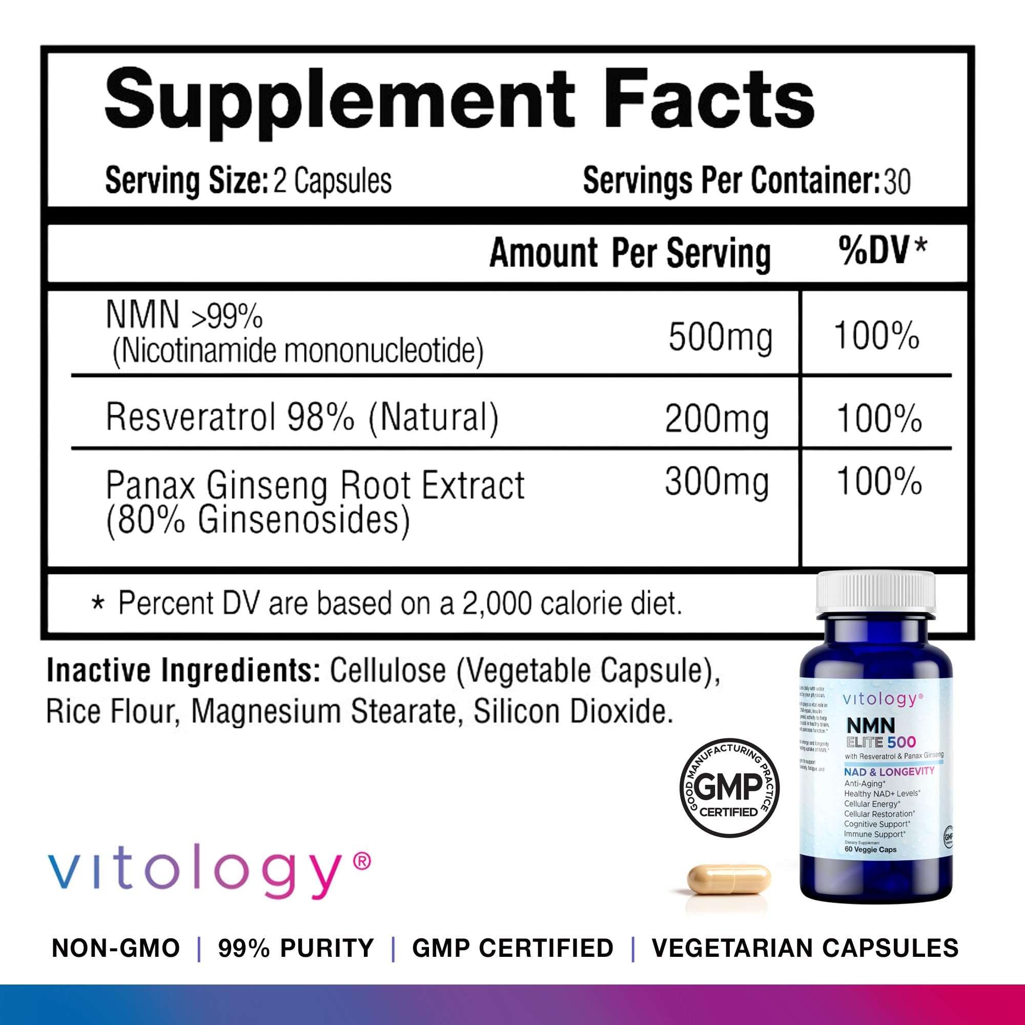 Vitology NMN Elite 500 – NMN 500mg, Resveratrol 200mg, Panax Ginseng 300mg – NAD+ Cellular Energy & Longevity Support Supplement – Focus, Vitality & Anti-Aging Formula – Non-GMO, Vegan Capsules Vitology Au supplements