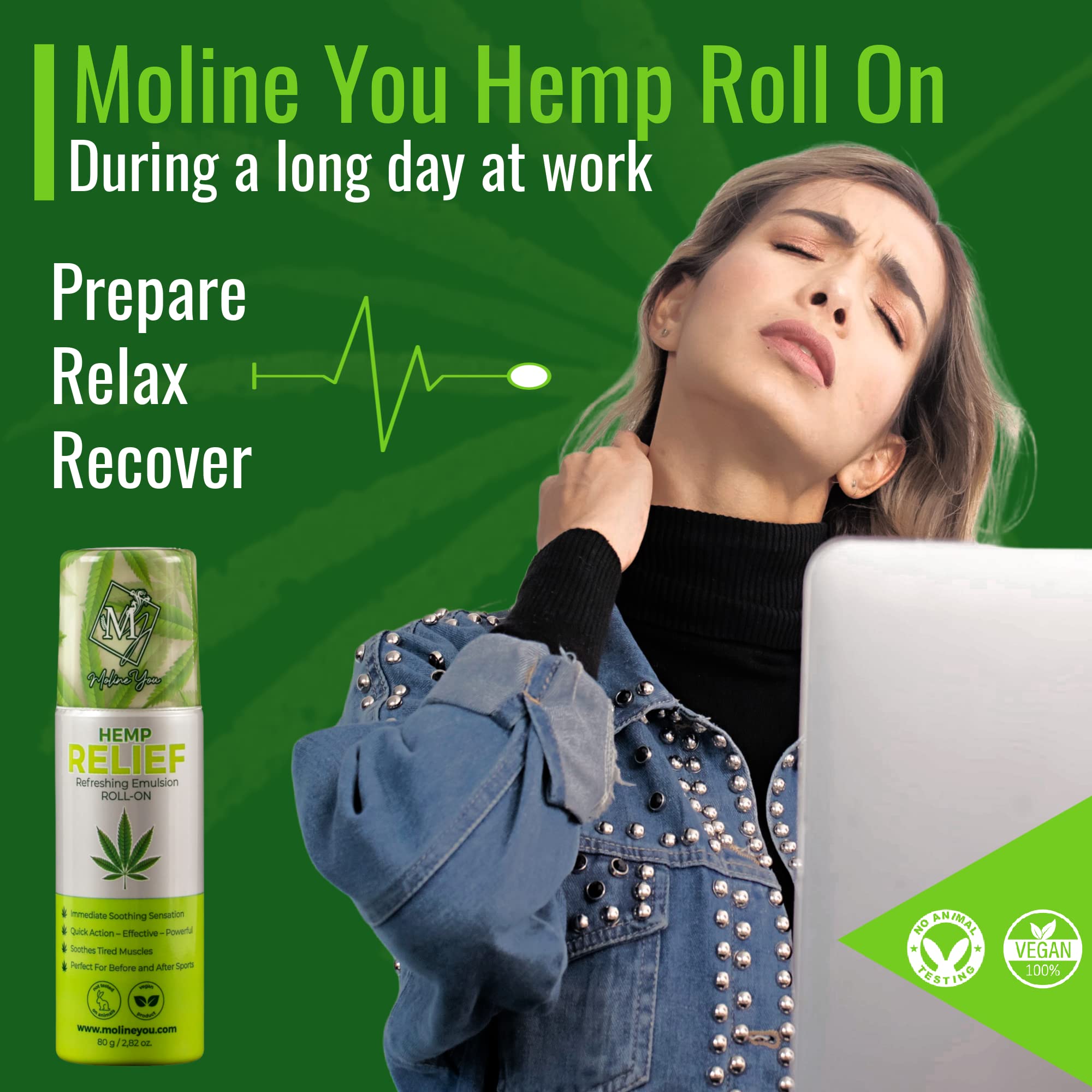 Moline You Natural Powerful Hemp Roll On, for Joint & Muscle Discomfort, Back, Neck, Knee, Shoulders HIPS. Formula with Hemp Oil Extract, Arnica, Menthol (Roll On 3 oz) Moline You Au supplements