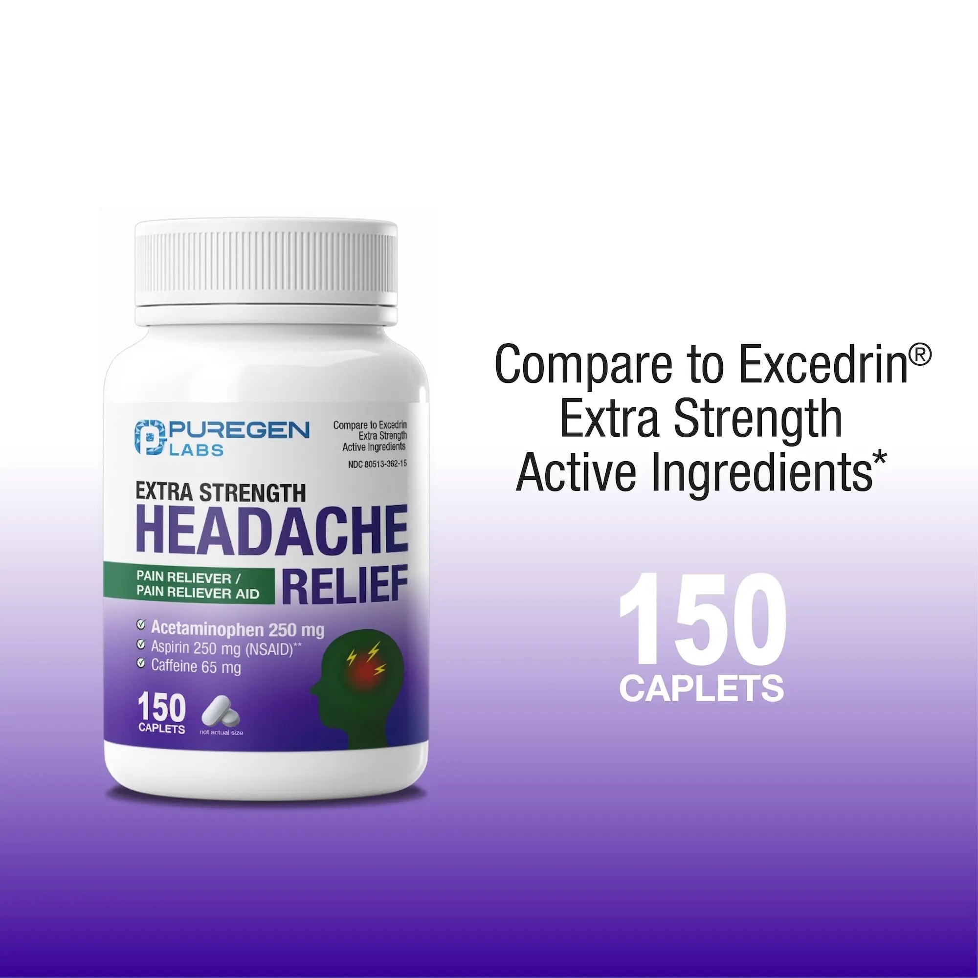 Puregen Labs Extra Strength Headache Caplets, Aspirin 250 mg (NSAID), Caffeine 65 mg, 150 Count P Puregen Labs Au supplements