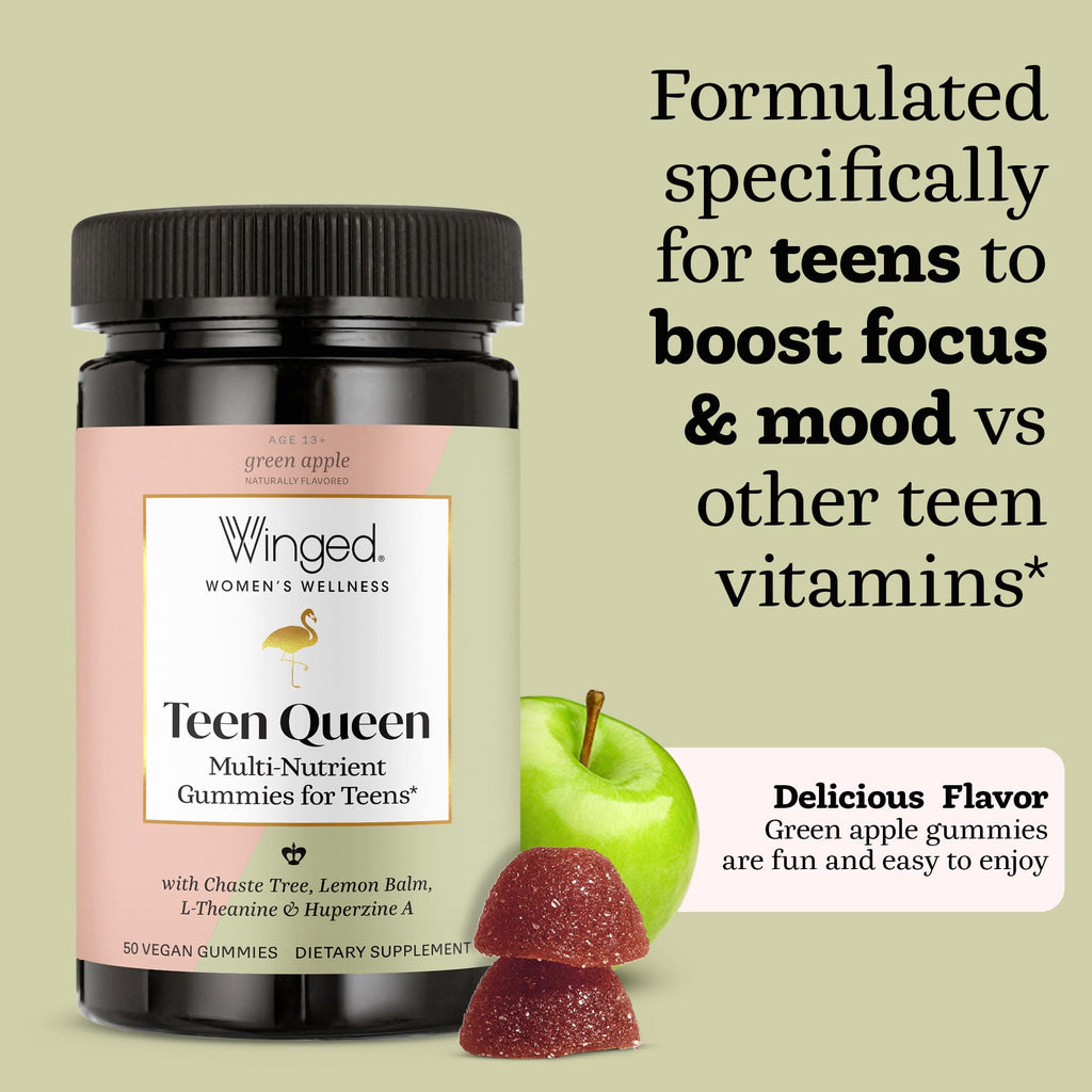 Winged Wellness Multivitamin Gummies for Teen Girls - Teen Vitamins for Mood & Hormonal Health - Vegan Gummy Supplement with Chaste Tree, Lemon Balm, L-Theanine, Probiotics & Biotin - 50 Gummies Winged Wellness Au supplements