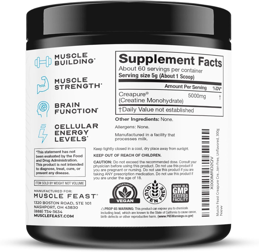 Muscle Feast Creapure Creatine Monohydrate Powder, Vegan Keto Friendly Gluten-Free, Mass Gainer, Muscle Recovery Supplement and Trusted Creatine for Muscle Growth