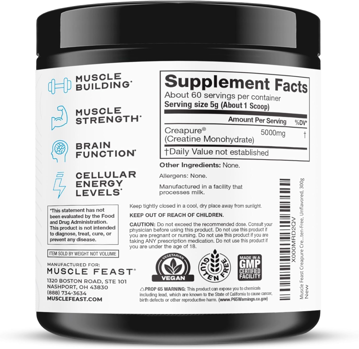 Muscle Feast Creapure Creatine Monohydrate Powder, Vegan Keto Friendly Gluten-Free, Mass Gainer, Muscle Recovery Supplement and Trusted Creatine for Muscle Growth