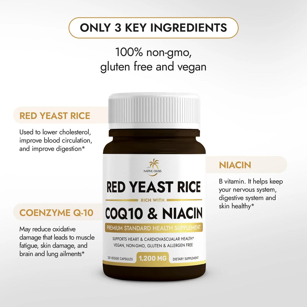 Native Oasis (2 Bottles) Red Yeast Rice 1,200 mg. Capsules Made with CoQ10 and Flush Native Oasis Au supplements