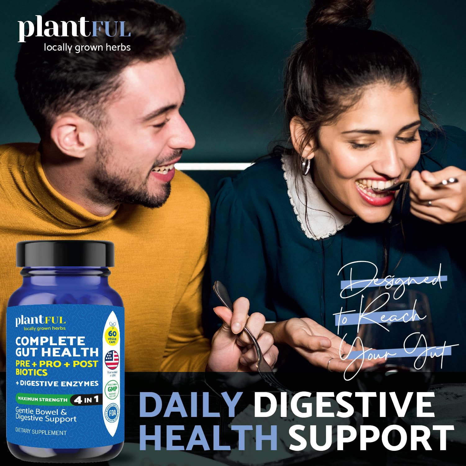 4-in-1 Pre Post Probiotics & Digestive Enzymes - Complete Gut Health & Digestive Support for Women & Men - Prebiotic Probiotic & Postbiotic Gas & Bloating Relief – 60 Non GMO Capsules PLANTFUL RESEARCH Au supplements