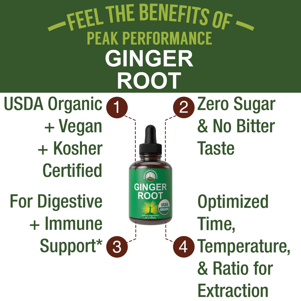 USDA Organic Ginger Root Extract Liquid Drops. Zero Sugar, Non Bitter Vegan Ginger Oil Supplement for Immune, Digestive + Gut Support. High Bioavailability, Gluten Free for Women and Men. Take Orally Peak Performance Au supplements