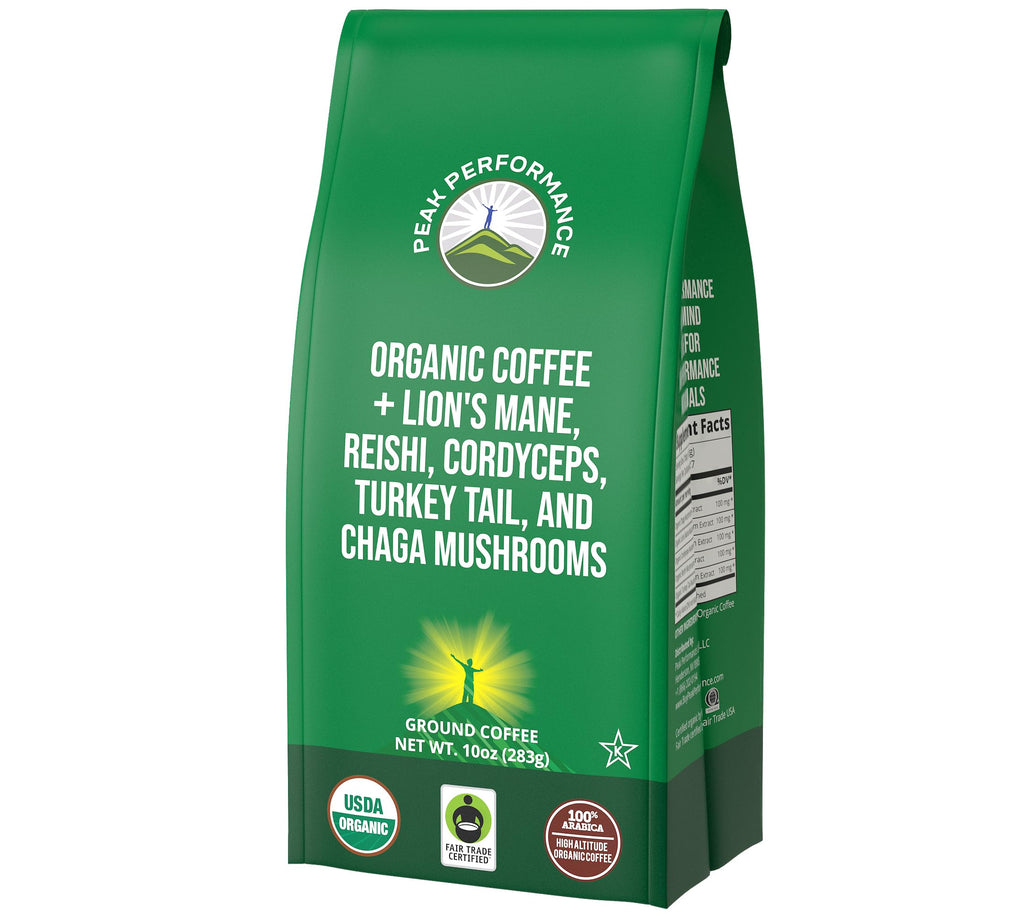 Organic Low Acid Mushroom Coffee with Lion's Mane, Reishi, Cordyceps, Turkey Tail, and Chaga Mushrooms - Great Tasting Premium High Altitude Medium Roast Ground Bags 10 oz by Peak Performance Peak Performance Au supplements
