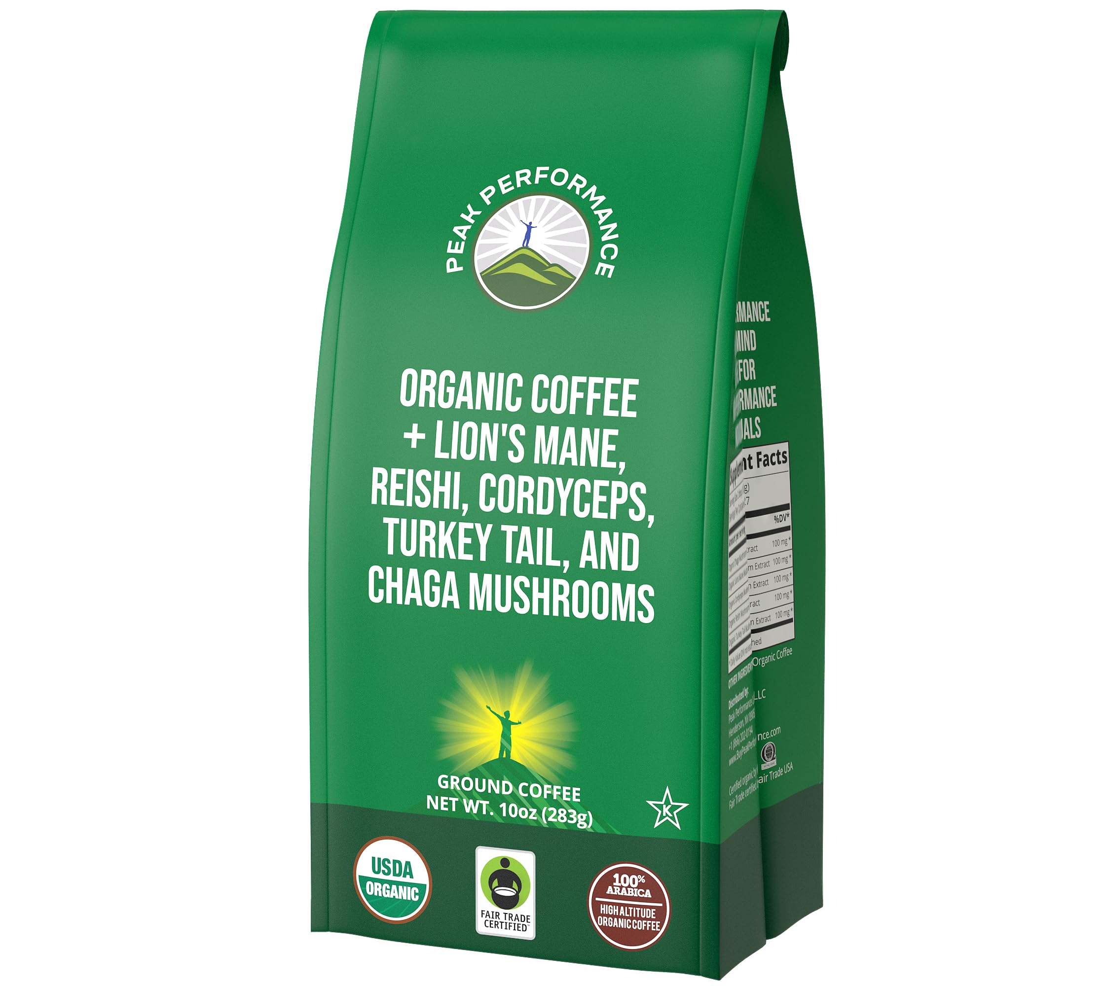 Organic Low Acid Mushroom Coffee with Lion's Mane, Reishi, Cordyceps, Turkey Tail, and Chaga Mushrooms - Great Tasting Premium High Altitude Medium Roast Ground Bags 10 oz by Peak Performance Peak Performance Au supplements