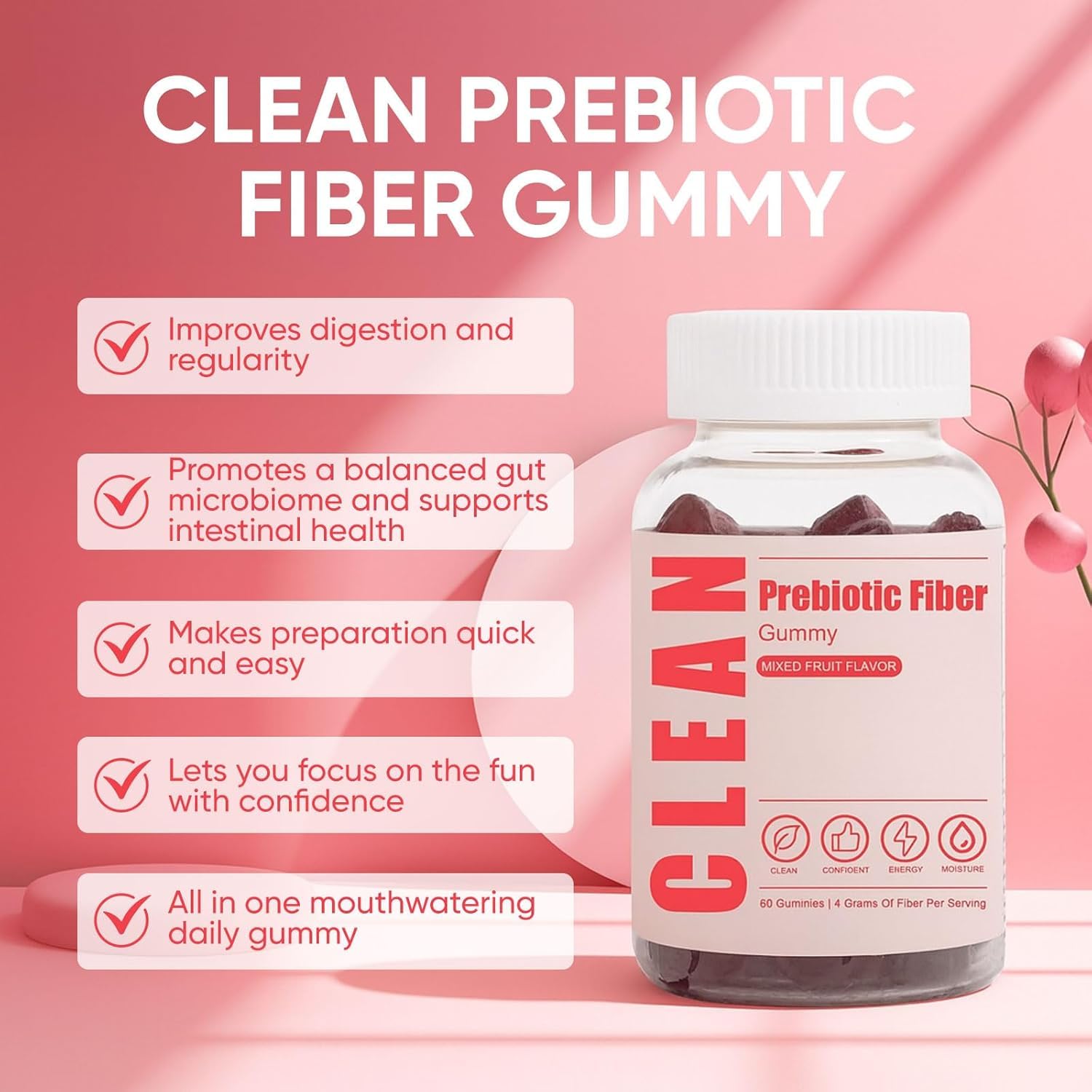 6525080 Clean Prebiotic Fiber Gummy, Clean Fiber Gummies for Men, Men Prebiotic Supplement for Digestive Gut Health, Non-GMO, 60 Gummies