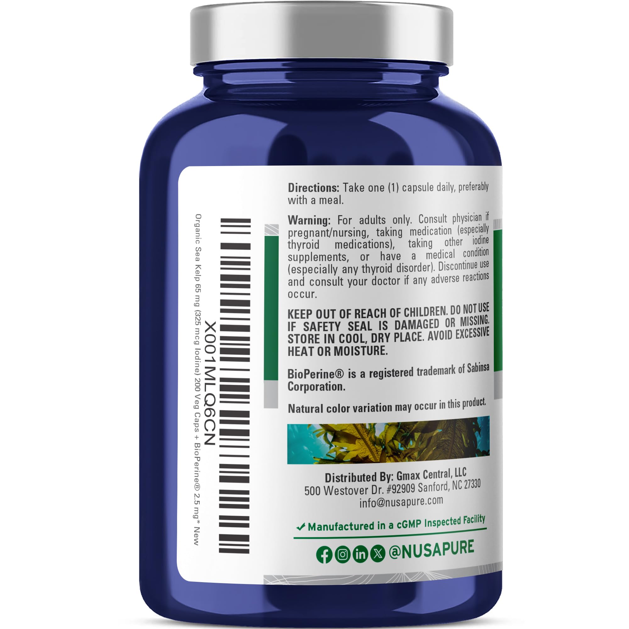 NusaPure Sea Kelp Natural Iodine 325mcg 10:1 Extract, 65 mg Equivalent to 650 mg Capsule 200 Count (Non-GMO, Vegan) NusaPure Au supplements
