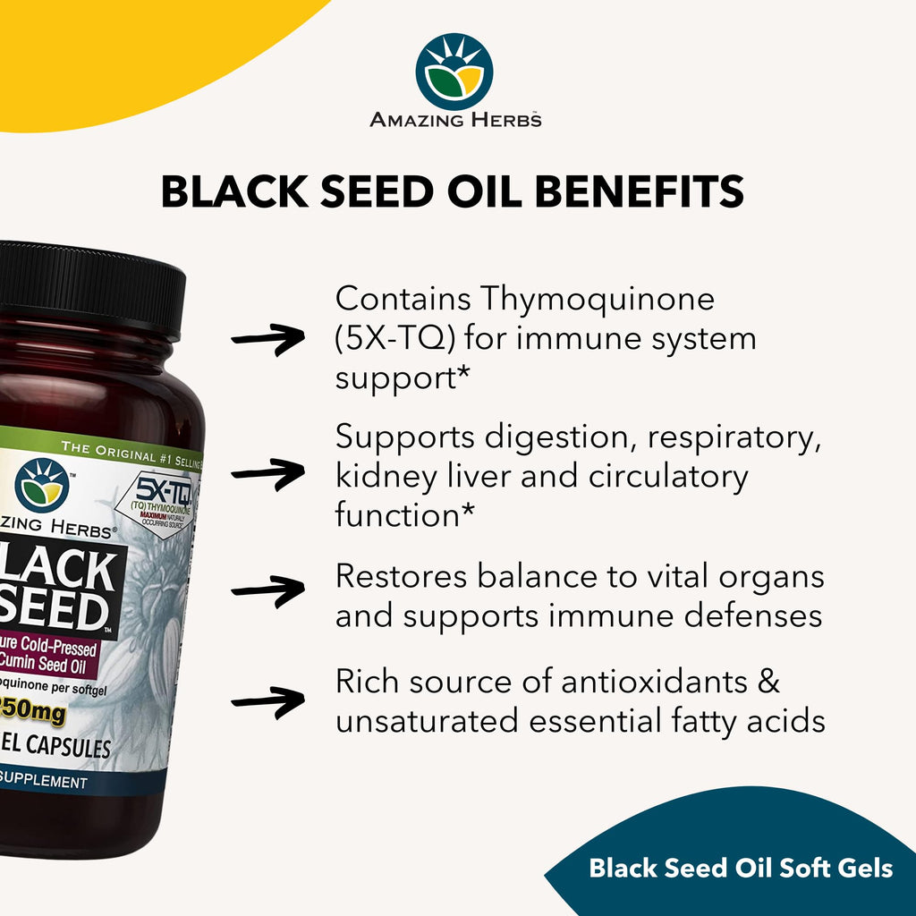 Amazing Herbs Premium  Capsules - High Potency, Cold Pressed Nigella Sativa Aids in Digestive Health