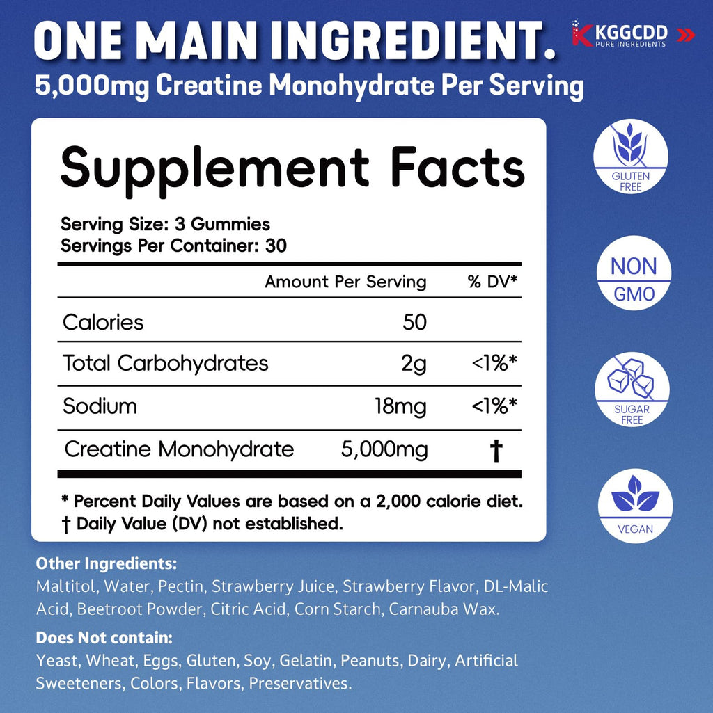 KGGCDD 99.99% Creatine Monohydrate Gummies for Men & Women, 5,000mg Tasty Creatine Gummies for Muscle Strength, Endurance, Recovery & Sugar Free, Gluten-Free, Vegan, Non-GMO, 90 Count KGGCDD Au supplements