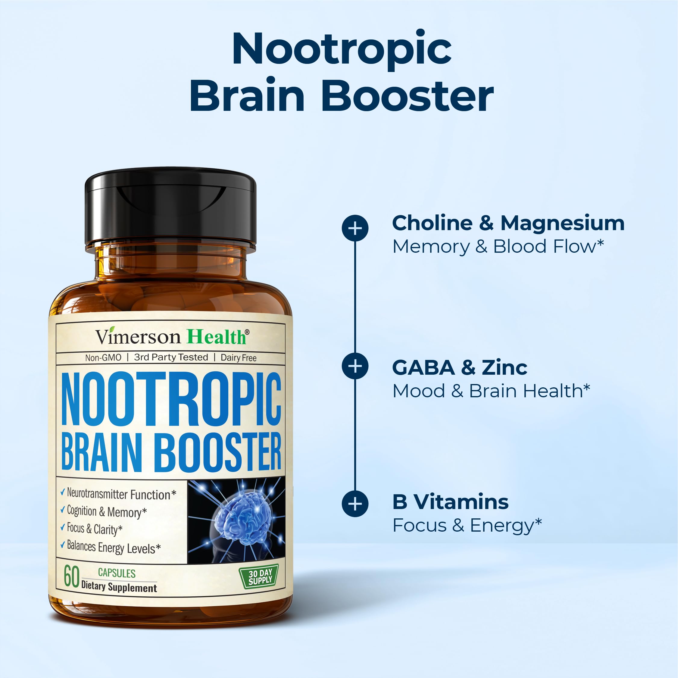 Nootropics Brain Support Supplement - Nootropic Brain Booster for Improved Focus, Concentration & Memory. Brain Nootropic for Brain Health, Mood & Energy Support. Non-GMO. Made in the USA. 60 Capsules Vimerson Health Au supplements