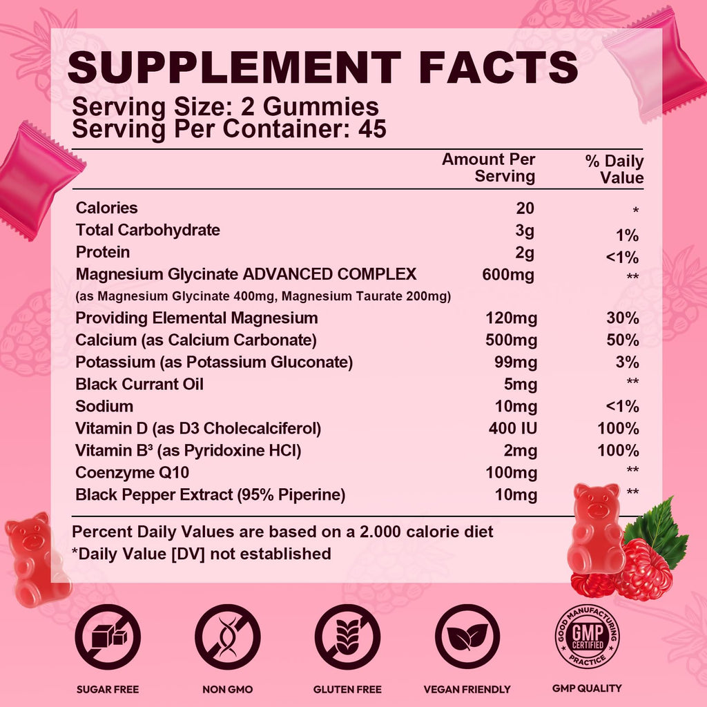 Magnesium Glycinate Gummies 600mg, High Absorption Magnesium Complex, Sugar Free Chewables Gummies with VitaminD & B6
