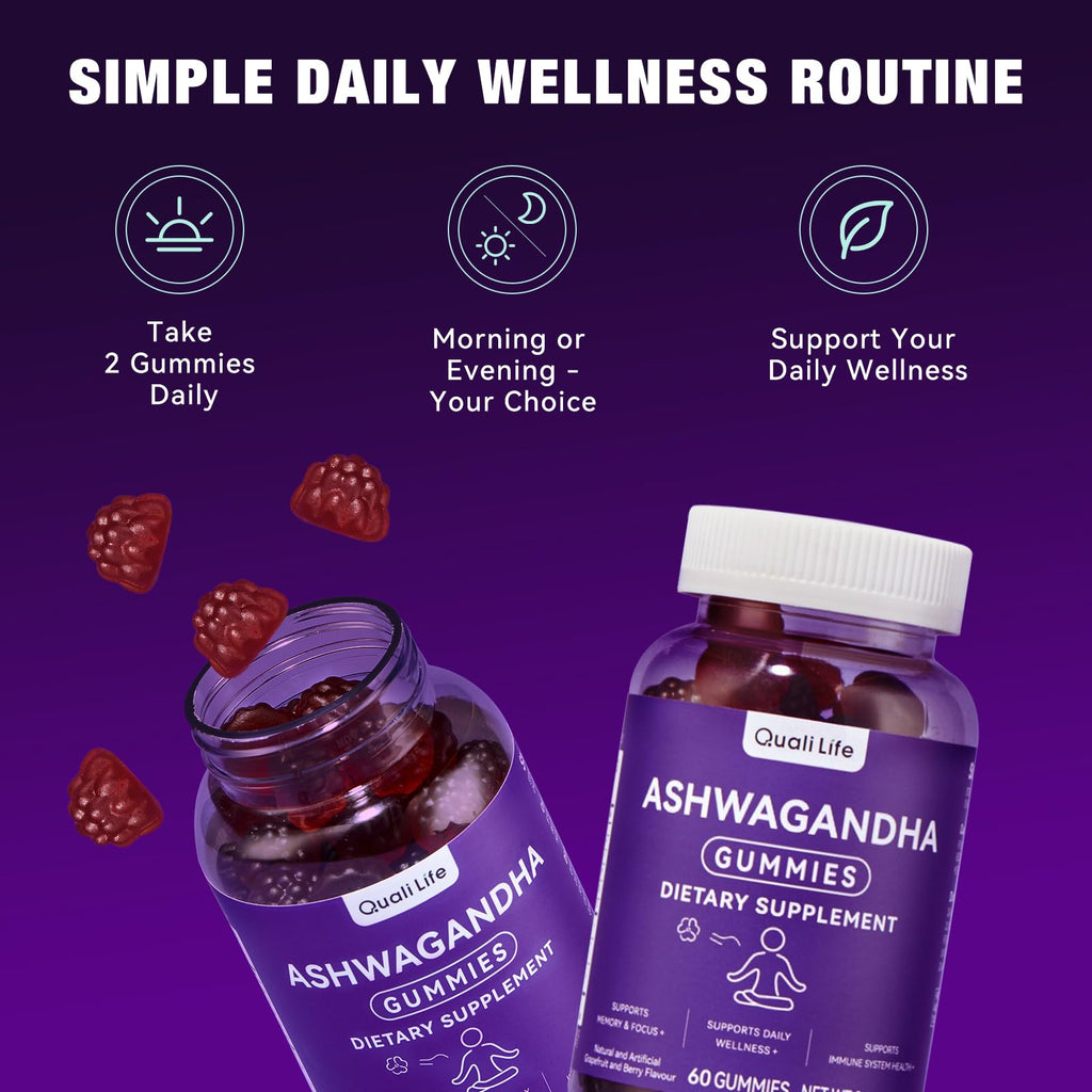 QualiLife Ashwagandha Gummies for Relax & Cortisol Support – High Strength Root Extract with Cranberry & Chaste Tree, Grapefruit & Berry Flavour – Vegan, Non-GMO, Gluten-Free – 60 Gummies (30 Days) QualiLife Au supplements