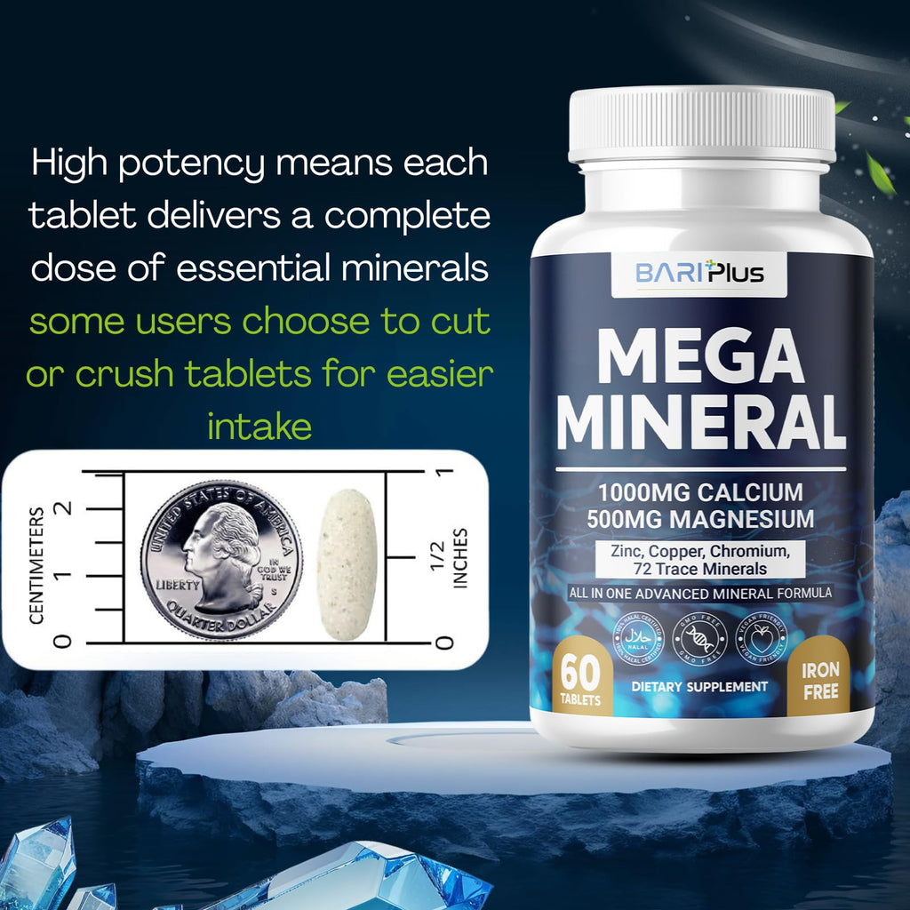 Mega Mineral – Complete Complex with Vitamin D, Calcium, Magnesium, Zinc, Potassium, Boron, Selenium, Chromium & Trace Minerals – Iron-Free – USA Made – 60 Tablets