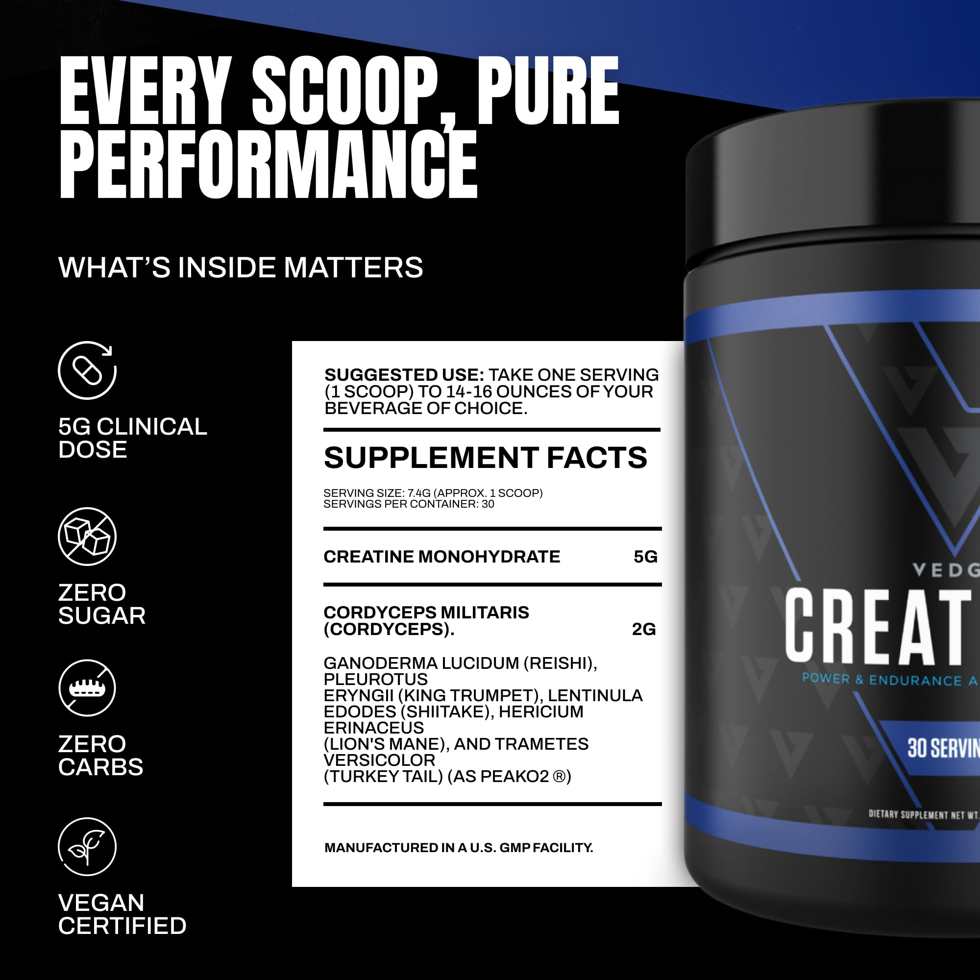 VEDGE Nutrition Creatine + | Vegan Plant-Based Creatine Monohydrate Powder | Energy, Performance & Function | Ergogenic Aids for Athletes | Unflavored, 30 Servings VEDGE Au supplements