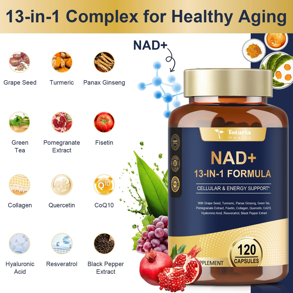 Totaria (2 Packs) NAD Supplement for Women Men with nicotinamide riboside resveratrol,Quercetin, Betaine Boost NAD+ Levels NAD Plus Supplement for Anti Aging, Energy, Immune, Focus 120 Capsules Totaria Au supplements
