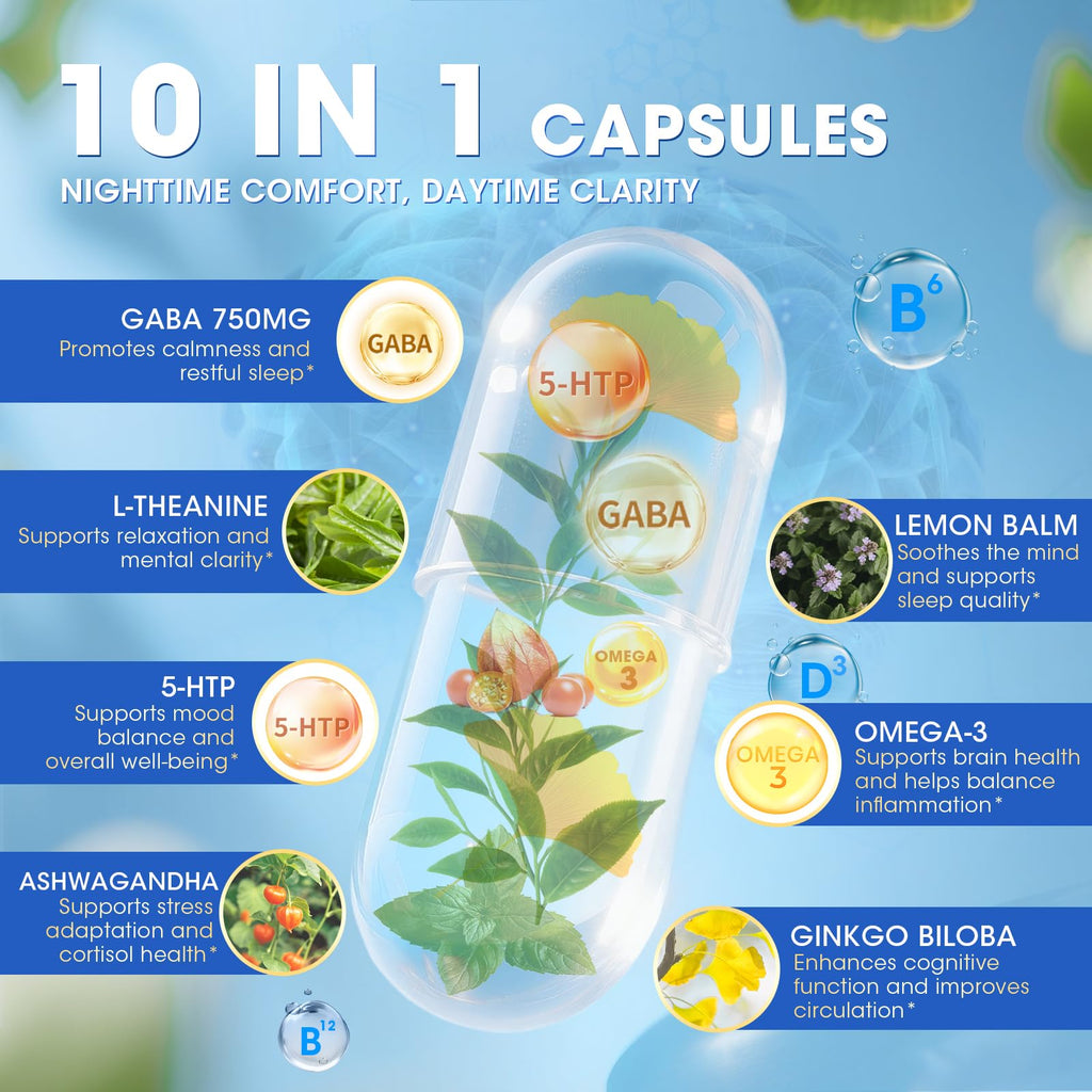 GABA Supplements 750mg with L Theanine, 5HTP, Ashwagandha, Lemon Balm, Ginkgo Biloba, Omega-3, 10 in 1 GABA Calm Capsules for Sleep, Relaxation, Focus, Mood Support, Cortisol Balance - 90CT Lukaree Au supplements