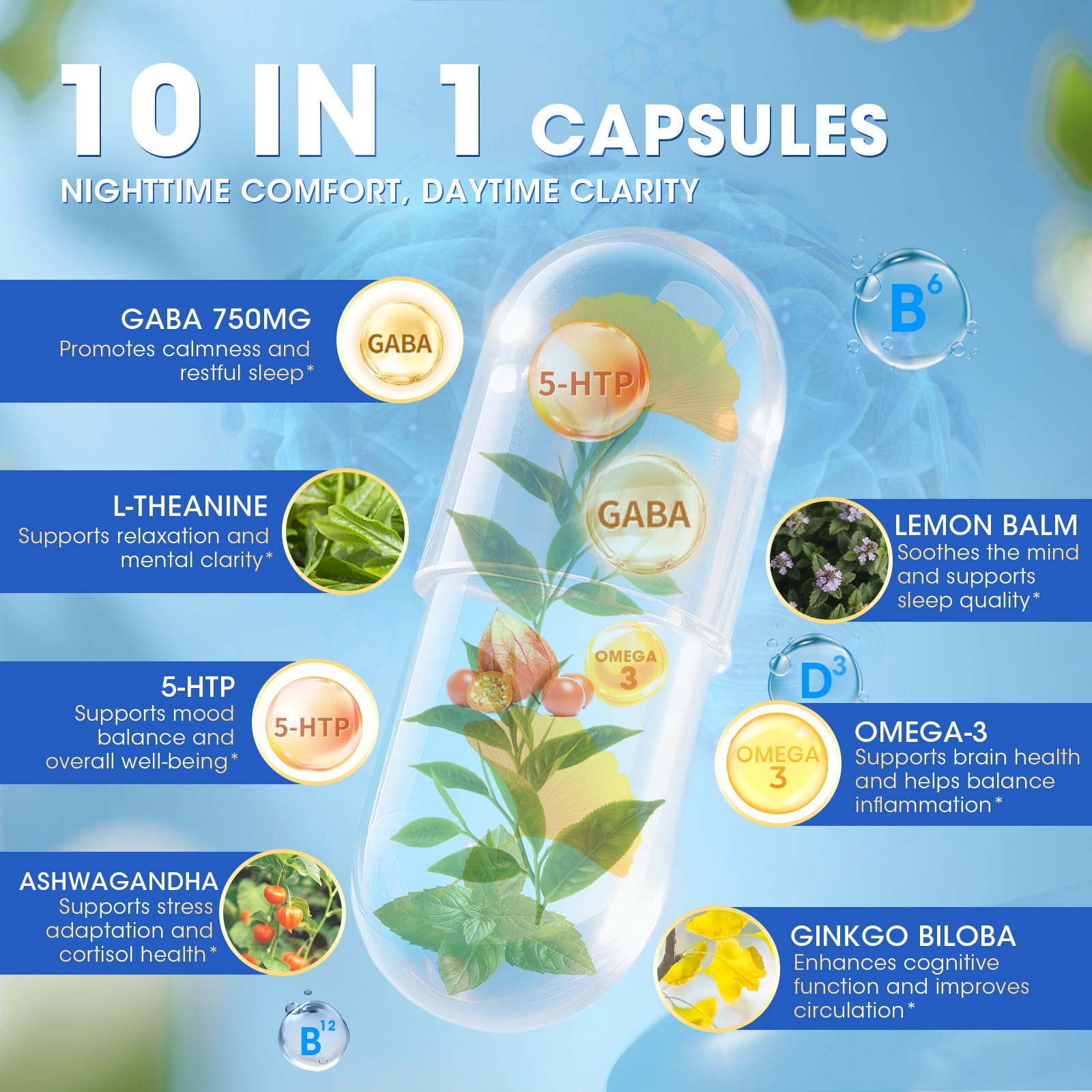GABA Supplements 750mg with L Theanine, 5HTP, Ashwagandha, Lemon Balm, Ginkgo Biloba, Omega-3, 10 in 1 GABA Calm Capsules for Sleep, Relaxation, Focus, Mood Support, Cortisol Balance - 90CT Lukaree Au supplements