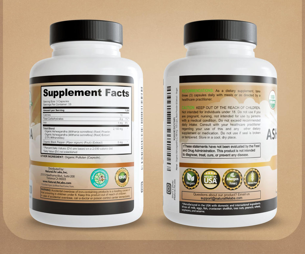 NaturaLife Labs Organic Ashwagandha 2100 mg per Serving – Herbal Supplement Root Powder & Extract – 100 Capsules – Vegan, Non-GMO, Gluten-Free