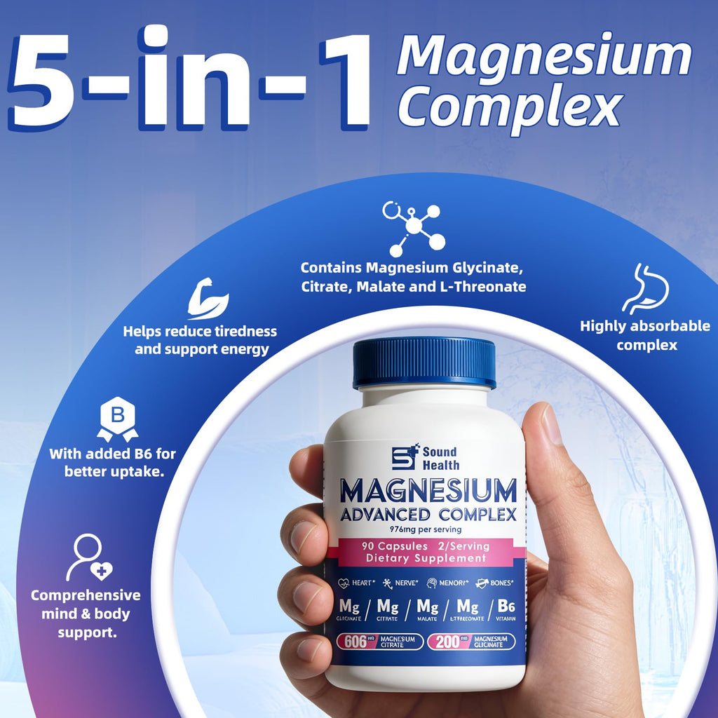 Magnesium Complex Capsule 5 in 1 Magnesium Supplement from Magnesium Glycinate, Citrate, Malate, L-Threonate & Vitamin B6, High Absorption Magnesium Supplement, Non-GMO, Vegan Sound Health Plus Au supplements