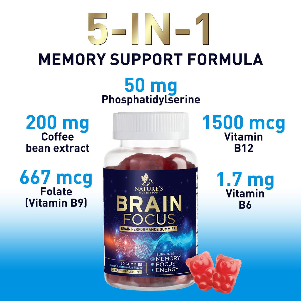 Brain Supplements for Memory and Focus with Phosphatidylserine, Nootropic Memory Supplement Gummy for Brain Health, Concentration, Mental & Cognitive Support, Focus Vitamins with B6 & B12-60 Gummies Nature's Nutrition Au supplements
