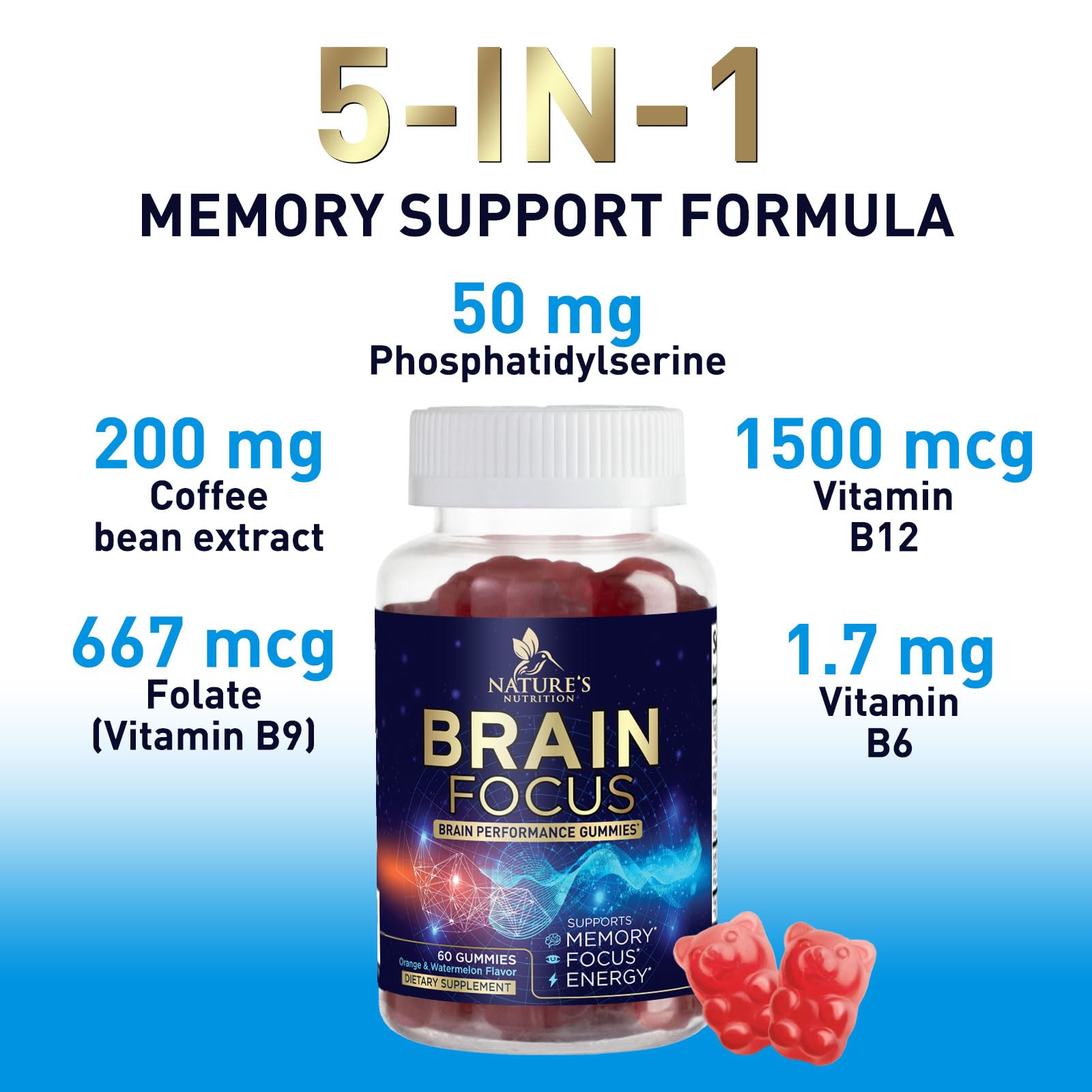 Brain Supplements for Memory and Focus with Phosphatidylserine, Nootropic Memory Supplement Gummy for Brain Health, Concentration, Mental & Cognitive Support, Focus Vitamins with B6 & B12-60 Gummies Nature's Nutrition Au supplements