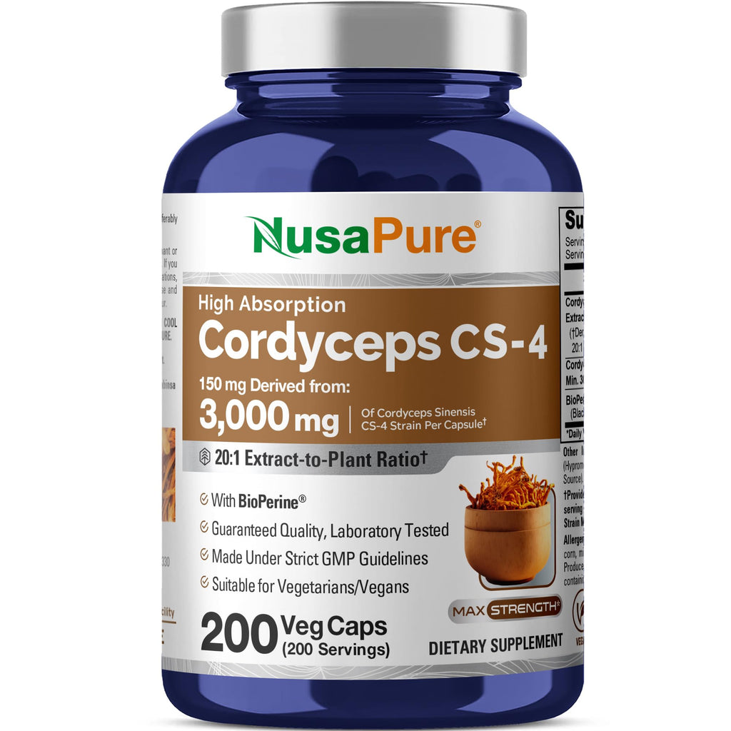 NusaPure Cordyceps 20:1 Extract, 150 mg Equivalent to 3,000mg 200 Veggie Capsules (Sinensis CS-4, Non-GMO, Vegan) Bioperine NusaPure Au supplements
