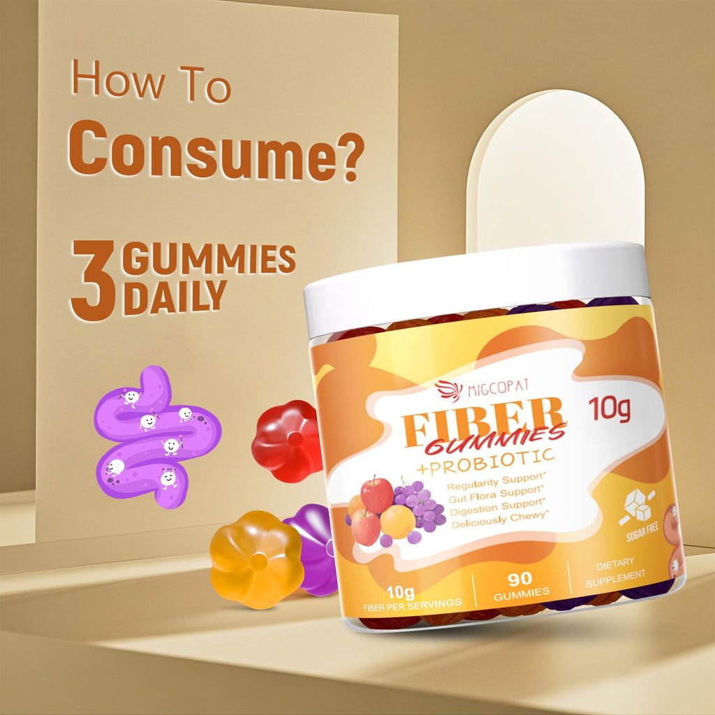 Migcopat 10G Fiber Gummies for Adults - Support Digestive Health - Fiber Supplement with 30 Billion CFU Probiotics Blend, ACV, Vitamin C, Inulin - No Sugar Added - Fruit Flavored - 180 Count