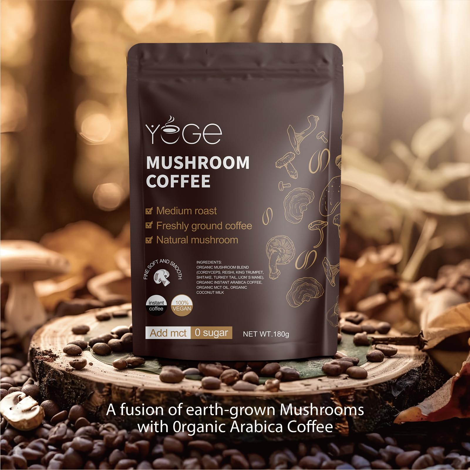 Mushroom Coffee, Instant Mushroom Coffee with Cordyceps, Reishi, King Trumpet, Shiitake, Turkey Tail, Lions Mane for Energy