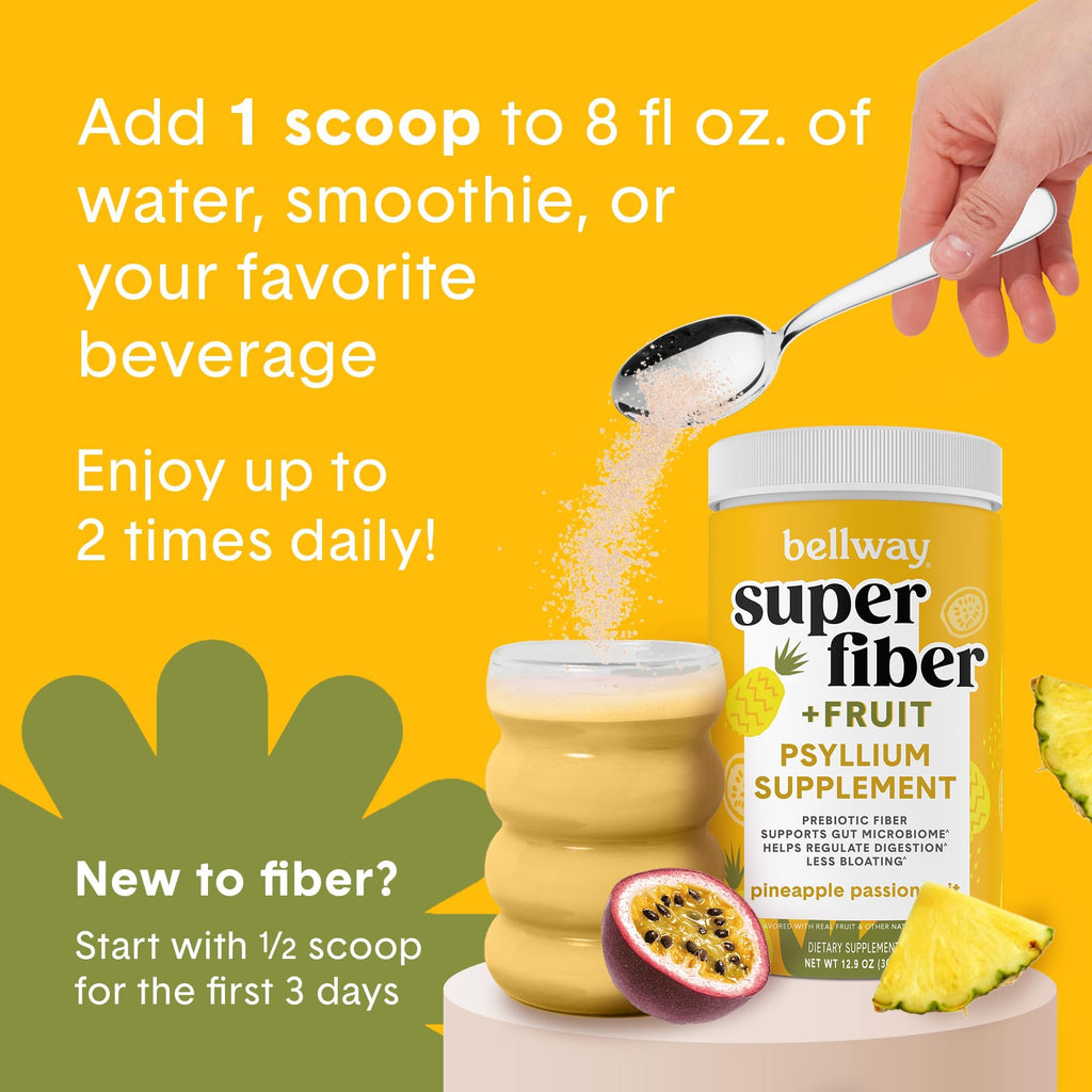 Bellway Super Fiber Powder + Fruit, Sugar Free Organic Psyllium Husk Powder Fiber Supplement for Regularity, Bloating Relief & Digestive Health, Plant-Based,