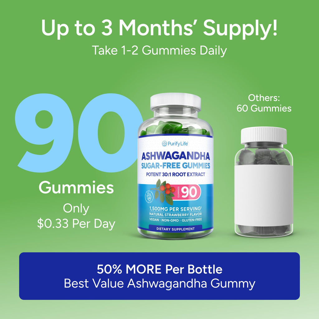 Sugar-Free Ashwagandha Gummies for Stress, Sleep & Mood Support - High-Potency 30:1 Ashwagandha Supplement Extract - Vegan Adaptogen Supplement for Women & Men, Natural Flavor, Plant-Based, 90 Gummies Purify Life Au supplements